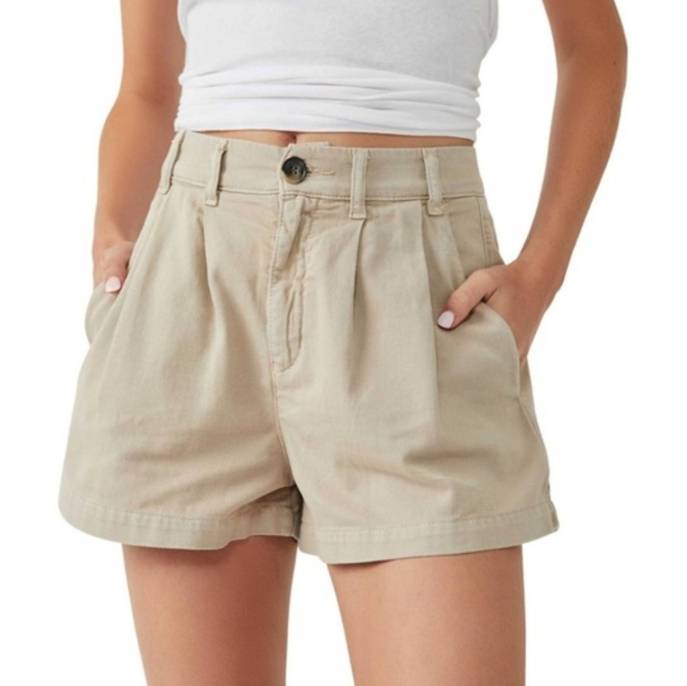 Free People Billie Chino Khaki High-Rise Pleated Shorts-NWT